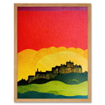 Modern Edinburgh Castle Vibrant Rainbow Colour Sunset Scottish Cityscape Coral Yellow Green Blue Art Print Framed Poster Wall Decor 12x16 inch