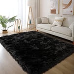 Latepis Tapis en Fausse Fourrure 150x200 cm Noir pour Salon Chambre à Coucher Tapis Lavable à Poils Longs