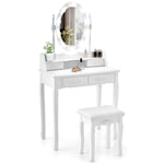 COSTWAY Coiffeuse avec Tabouret Rembourré, Ensemble de Coiffeuse avec Miroir Ovale Éclairé LED 3 Couleurs, Table de Maquillage Vintage, Interrupteur Tactile et 4 Tiroirs, 40 x 75 x 145 cm(Blanc)