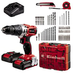 Einhell Perceuse Visseuse à percussion sans fil TE-CD 18/2 Li-i +64 (1 x 2,0 Ah) PXC Einhell (Li-ion, 18 V, Couple 44 Nm) Livré avec 2 Batteries 2,0Ah, Chargeur et 64 Accessoires