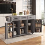 Okwish - Grande desserte/meuble d'appoint 139x46(71)x91,5 cm, placage bois massif gris pour le corps + décoration placage marbre blanc pour le plan