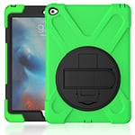 KUSEZJK Coque pour iPad Air 2 & iPad 6, Antichoc Armure Robuste Étui avec Support Rotatif à 360 Degrés et Dragonne, TPU + PC Housse pour iPad Air 2 & iPad 6 (Vert)