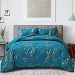 WONGS BEDDING Teal Gold Metallic Marble Comforter Set Queen Foil Print Glitter Bedding Sets with 2 Pillowcases for All Seasons, Soft Microfiber Filling Bedding Duvet Set 90"x90"