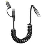 2 En 1 Cable Spirale Voiture Pour Apple Carplay Et Android Auto [3a Charge Rapide & Transmission De Données], Câble Multi Usb Avec Lightning Usb C Câble Pour Iphone 16/15/14/13/Galaxy/Huawei[L891]