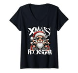 Womens Xmas Music Rockstar Santa Claus Is A Rock Star 2024 2025 V-Neck T-Shirt