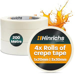 Hinrichs Masking Tape 4x - Painting Tape 3 Rolls 50m x 30mm + 1 Roll 50m x 20mm - Painter's Tape for Painting and Decorating - Masking Tape for Painting Work - Masking Tape for Renovation & Car