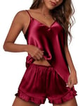 Ekouaer Pyjama Court en Satin pour Femme Ensemble d'été Vêtement de Nuit Haut et Short Nuisette Sexy,Vin Rouge,XXL