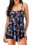 FLYILY Maillot de Bain 2 Pièces Femme Tankini Ensembles à Volants Maillot Haut Imprimé avec Short de Garçon(MutilLeaf,XXL)