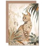 Savannah Cat with Colourful Fur Pattern in Nature Modern Watercolour Illustration Art Birthday Sealed Greetings Card