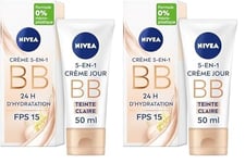 NIVEA BB Crème FPS 15 Teinte Claire (1 x 50 ml), Crème hydratante visage à l'huile de Jojoba BIO, Soin de jour FPS 15 pour unifier le teint et estomper les imperfections, hydratation 24h (Lot de 2)