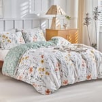 Tokokimo Housse de Couette 220x240 Coton avec 2 Taies d'oreiller 65x65 cm - Motif Floral Coloré - Parure de lit 220x240 Adulte - 100% Coton Parure Couette Fermetures éclair, Blanc Vert