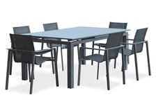 Table de jardin ALU-MIAMI-TBALU avec rallonge et 6 fauteuils ALU-MIAMI-FT empilables