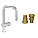 GROHE Minta & UK Adaptors - 1 Lever Kitchen Mixer Tap with Pull-Out Spray (2 Spray, High U-Spout, 360° Swivel Range, 46 mm Ceramic Cartridge, Easy to Install, Tails 3/8 Inch), Supersteel, 32322DC2