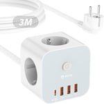 Extension cube avec USB, rail d'alimentation 7 en 1, multiprise à 3 prises multiples, 1x USB-C 3x ports USB-A, 20W PD&QC Charge rapide, câble de 3 m