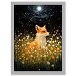 Watching the Fireflies Dance Happy Fox over a Wildflower Meadow Oil Painting Orange White Blue Full Moon Spring Night Dreamy Landscape Artwork Framed A3 Wall Art Print