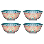 KitchenCraft Set of 4 Glazed Stoneware Bowls with Mediterranean Leaf & Stripe Pattern, Green & Pink Ceramic Bowls with Footed Base, Microwave & Dishwasher Safe, 15.7 cm (6")