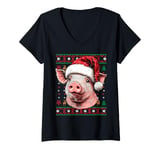 Womens Pig Santa Hat Ugly Christmas Funny Holiday Pig Lover V-Neck T-Shirt