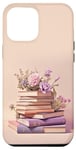 Coque pour iPhone 14 Pro Max Livres rose violet pastel et fleur sur fond beige