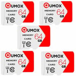 Lot de 5 Carte Mémoire Micro SD sdxc 64Go TF 64G 64GB classe 10 80Mo-s pr Samsung Huawei Xiaomi Smartphone Appareil Photo Tablette