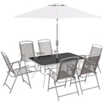 Ensemble salon de jardin Outsunny 8 pièces avec grand parasol, table dim.140L x 90l x 70H cm et chaises pliantes pour 6 personnes