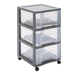 SUNDIS Tag Tower XL, tour de rangement en plastique gris, avec roulettes, 3 grands tiroirs transparents, hauteur 64,5 cm, idéale rangement bureau, cours, documents, fournitures, accessoires