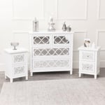 Large White Mirrored Chest Of Drawers & Pair Of Bedside Tables - Sabrina White Range