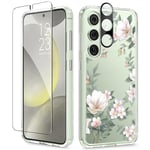 GVIEWIN Compatible with Samsung Galaxy S24 Plus Case 6.7" 2024,with Screen Protector+Camera Lens Protector,[10FT Drop Tested] Flower Clear Antiscratch Shockproof Protective Cover,Magnolia/White