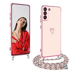 Jeelar ESONG Coque pour Samsung Galaxy A34 5G avec Cordon de Collier,Antichoc en Silicone TPU Protection Etui avec Motif Coeur d'amour Mignon,Réglable Portable Lanyard Case,Housse pour Femme-Rose