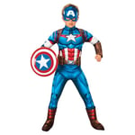 Rubies Captain America Deluxe Costume Garçon/Fille avec Poitrine Rembourrée, Couvre-Bottes et Masque, Costume Officiel Marvel - 7-8 Ans (122-128 cm) Halloween