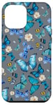 iPhone 13 Pro Max Blue Butterflies on Slate Gray with Floral Accents Case