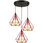 3 Lampes Suspension Vintage 25cm Lustre Suspension Fer Abat-jour en Forme Diamant Luminaire Salle à Manger Chambre Salon Rouge