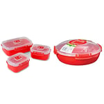 Sistema Microwave Heat and Eat 3 Pack, Red/Clear, Pack of 3 & Round Microwave Dish, Red, 1.3 L