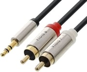 Slimline gold metal minijack til 2 x Phono kabel - 5 m