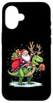 Coque pour iPhone 16 Costume de pyjama Père Noël chevauchant dinosaure T rex cerf lumières de Noël