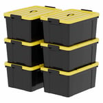 Cetomo Lot de 6 boîtes de rangement en plastique avec couvercles, poignée et boucles de verrouillage pour outils, jardin, garage, maison, durable, robuste, empilable, gigogne, noir et jaune, 90 l