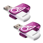 Philips Vivid Édition High Speed clé USB 2.0 2X 64 Go avec Capuchon pivotant pour PC, Ordinateur Portable, Stockage de données informatiques, Vitesse de Lecture jusqu'à 25 Mo/s