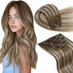 LaaVoo Extension Cheveux Naturel Clip Brun Clair Balayage Extension Clip Cheveux Naturel Clair Dore Ombre ash Blond 55cm Extension Cheveux Naturel Clip Cheveux 7pcs/105g #8/60/8