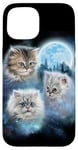 Coque pour iPhone 15 Trois chats mignons engloutis dans les nuages de galaxie sous la lune glacée