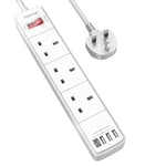 Extension Lead with 4 USB Slots (3.4A, 1 Type C and 3 USB-A Ports),POWSAF Power Strip Surge Protector with 3 way plug extension Socket and 2M Extension cube cable for Home Office Travel,White