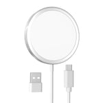 Chargeur sans Fil pour iPhone 15W, Chargeur Rapide Compatible avec MagSafe pour iPhone, Chargeur Magnétique vers USB‑C pour iPhone 16/15/15 Pro/15 Pro Max/14/13/12/11/X/XS/XR/AirPods 2-Blanc