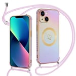 Kokio Coque avec Cordon pour iPhone 13, Magnétique Etui Housse avec Motif Coeur d'amour, Compatible avec MagSafe, Réglable Lanyard Collier Housse pour iPhone 13 6.1 Pouces, Bandoulière(Violet)