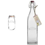 Kilner Clip Top Round Glass Preserve Jar 1.5 Litre, Clear, Capacity: 1500 ml, Airtight Clipped Seal, GL253 & Square Glass Clip Top Bottle, 1 Litre