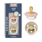 BIBS Colour Symmetrical Glow Soother 2-Pack, BPA Free Dummy Pacifier, Symmetrical Nipple. Natural Rubber Latex, Made in Denmark. Str. 1, Blush Glow/Vanilla Glow