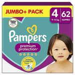 Pampers Premium Protection Size 4, 62 Nappies, 9kg - 14kg, Jumbo+ Pack, Pampers Comfort & Protection for Sensitive Skin