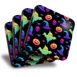 Set of 4 Square Coasters - Halloween Pattern Pumpkin Ghost Bats  #45281