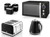 Swan Retro Black Kettle 4 Slice Toaster Microwave & Canisters Kitchen Set of 6