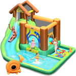 Goplus - Château Gonflable Motif Dinosaure,Toboggan Aire de Jeux Gonflable avec Zone de Saut,Piscine, Canon a Eau,Boules,pour Fete de l'eau d'Ete des