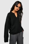 Womens Oversized Soft Knit Polo Collar Jumper - Black - L, Black