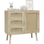 Homcom - Buffet 3 tiroirs porte étagère style bohème chic cannage rotin panneaux aspect chêne clair