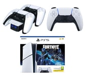 Sony PlayStation 5 Digital Edition (Model Group - Slim), Fortnite Cobalt Star, Controller & Twin Docking Station Bundle, White